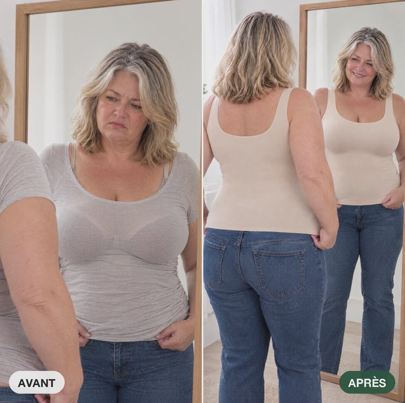 Avant / après : t-shirt froissé puis débardeur Colette lisse